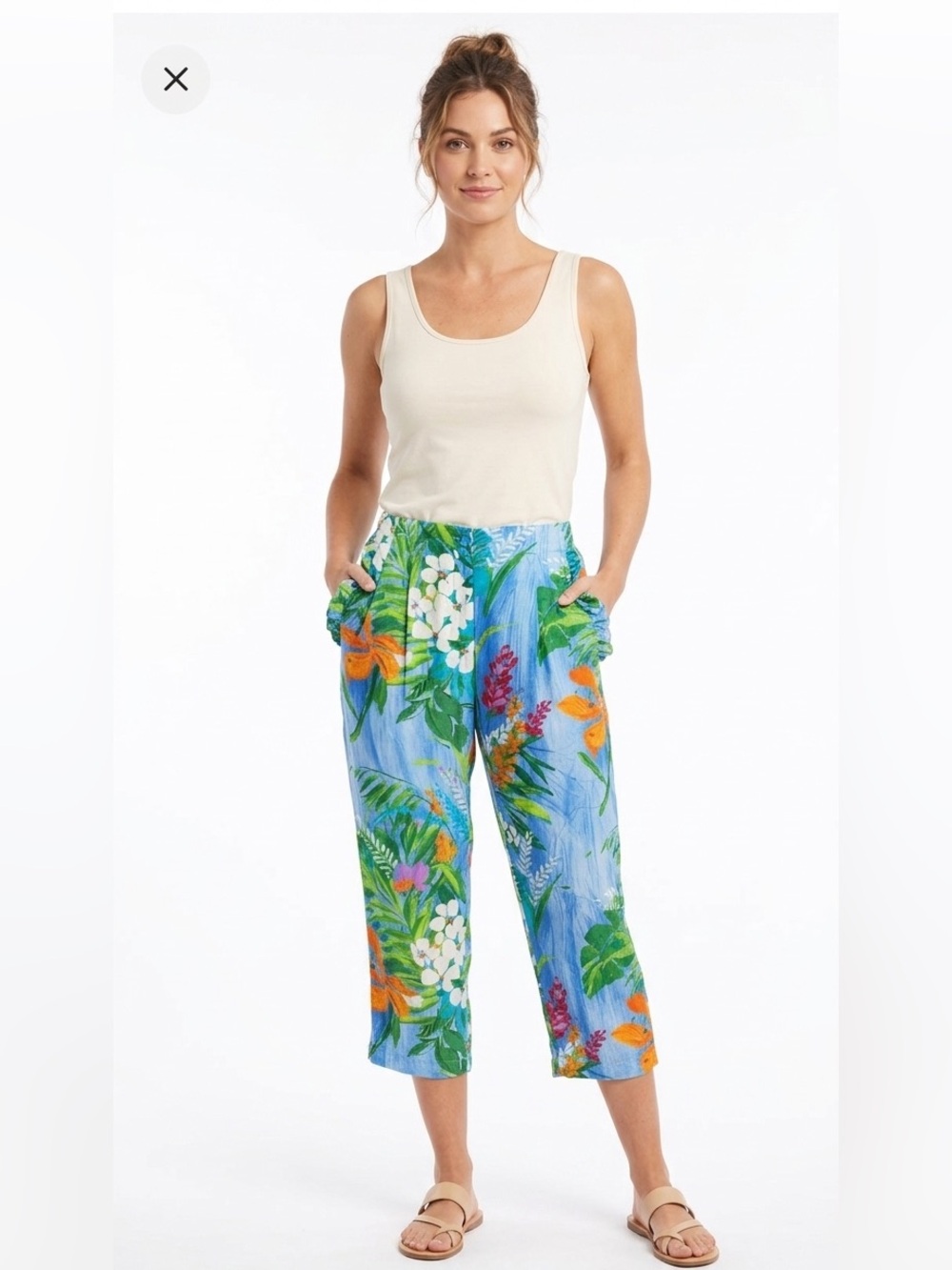 Jams World Tropic Garden Floral Cropped Pants Blue Multi Rayon Hawaii Medium NEW